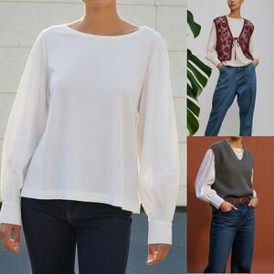 ME+EM Mixed Media White Layering Long Sleeve Top